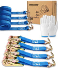 Four Pack Ratchet Straps 1 Inch Wide By 16.4 Feet Long With 2200 Lb Break Strength And Sturdy Metal Hooks Beefy Heavy Duty Tie Down Straps For Truck Cargo Trailer Motorcycle Luggage Moving With Work Gloves Blue