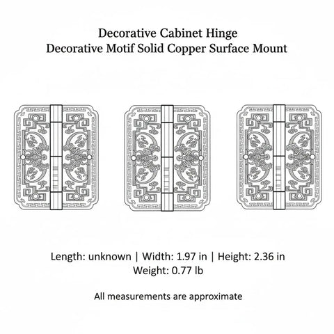 No Fuss Surface Mount Decorative Hinge In Solid Copper Bronze Finish for Cabinet Doors, detailed design, 4.3 by 2.4 inches.