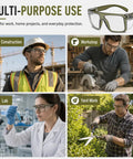 Solid Z87 Compliant Safety Glasses Featuring Kickass Photochromic Transition Lenses in construction, lab, workshop, and yard work settings.