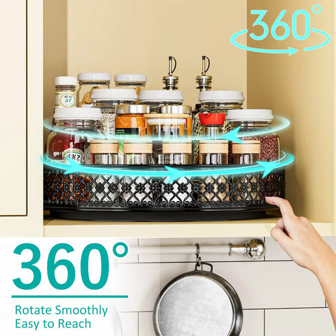 13 Inch Lazy Susan Turntable Heavy Duty Metal Spice Rack Organizer Built Tough As A Rock With A Smooth 360 Swivel Base Rust Resistant Finish For Kitchen Storage with jars and condiments.