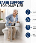 Rock Solid Floor Mounted Toilet Knurled Grab Bar With Leg Heavy Duty Brushed Nickel Stainless Steel Support Handle Bathroom Stand Assist Safety Rail 31 Inch visible with elderly woman using it in bathroom.