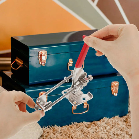 Adjustable Toggle Latch Clamp Heavy Duty Quick Release For Cabinets Toolboxes Storage Boxes And Suitcases Durable Metal Hasp Clamp Replacement Easy Install in use with blue toolboxes.