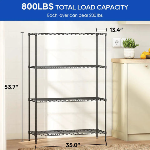 Built Like A Tank 4 Tier Wire Shelving Rack Crushing Clutter With Adjustable Spacing Storage Organizer For Garage And Kitchen Pantry 800 Lb Capacity 35 By 13 By 53 Inches Black Metal Shelf with dimensions marked.