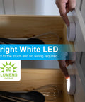 Wireless LED Puck Lights 8 Pack Battery Powered 20 Lumens Touch Tap Lights Stick On Under Cabinet Lighting in drawer