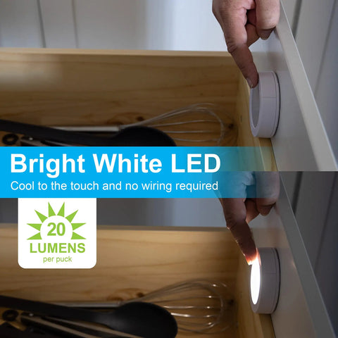 Wireless LED Puck Lights 8 Pack Battery Powered 20 Lumens Touch Tap Lights Stick On Under Cabinet Lighting in drawer