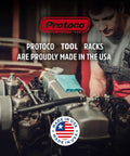 Mechanic working on car engine with text 'Proto Tool Racks Proudly Made in USA' in garage setting.