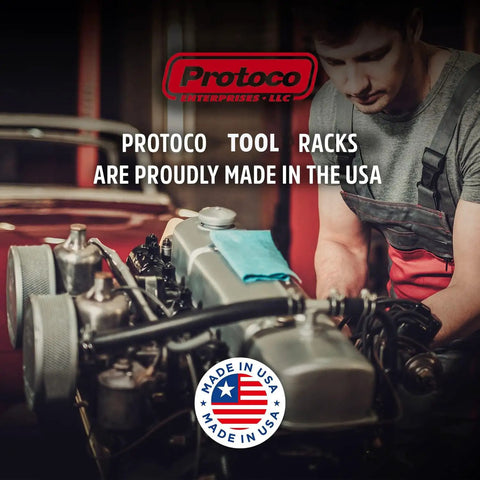 Mechanic working on car engine with text 'Proto Tool Racks Proudly Made in USA' in garage setting.