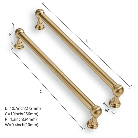 Kickass 10 Inch Cabinet Pulls Crafted From Solid Zinc Alloy With A Smooth Brushed Brass Finish, showing dimensions and design details.