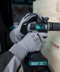 Smart Touch Work Gloves With Nitrile Grip Palm, 60 Pairs, 3D Comfort Stretch Fit, ambidextrous seamless knit nylon, size large in use with drill