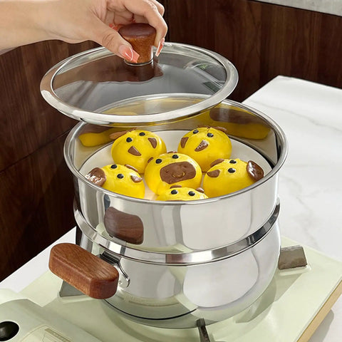 Heavy Duty 304 Stainless Steel Double Tier Steamer Pot With Thermal Insulated Wood Handles For No Fuss Slick Cleanup And Quick Family Dinners Certified Food Grade Cookware One Pack with cute yellow buns.