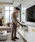 Person using Mid Century Modern L Bar Cabinet Knobs Solid Milled Aluminum Sunflower Yellow Matte Drawer Pulls For Kitchen And Bathroom Cabinetry.