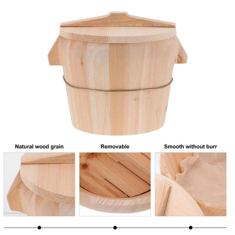 Built Tough Cedar Wood Rice Steamer Bucket With Secure Lid And Heavy Duty Nonslip Base For Uniform Cooking, showing natural grain and removable lid.