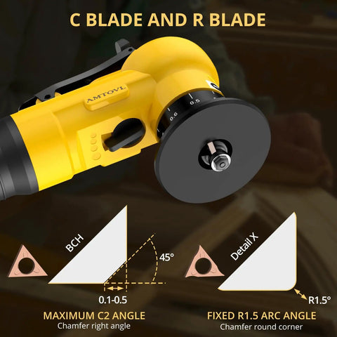 Mini Pneumatic Chamfering Tool With Ten C And Ten R Blades Steel Beveler Machine showing C and R blades with angle settings.