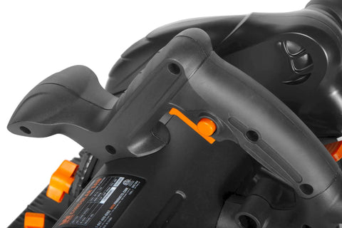 Close-up of grip and trigger on Slick 13 Amp Sidewinder Circular Saw With Track Compatible Base for precise control.