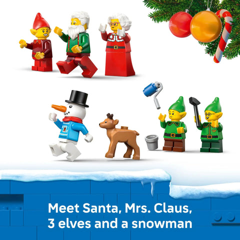 Ultimate Holiday Advent Calendar Set For 2026 Featuring Twenty Four Sweet Mini Surprises And Rad Brick Pieces Designed For Kids Five Plus shows Santa, 3 elves, a snowman and a reindeer.