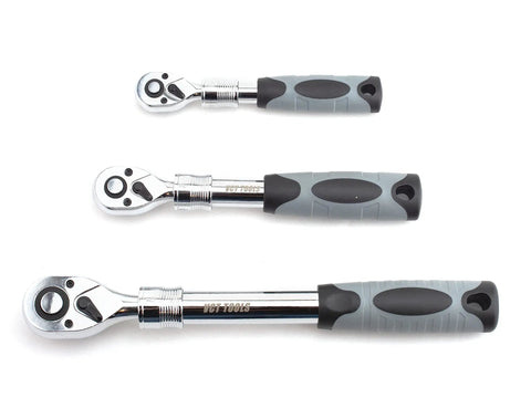 Extendable Long Handle Socket Ratchet Set For 1/4, 3/8, And 1/2 Inch Drives, 72-Tooth Quick Release Head, chrome finish