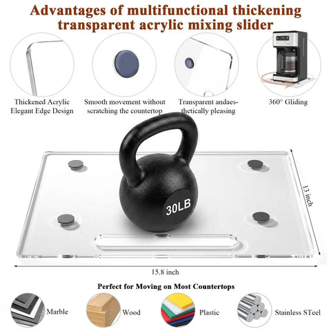 Clear Acrylic Appliance Slider For Countertops With Tough As Nails Heavy Duty Support And Slick Glide Silicone Wheels For All Your Kitchen Appliances Easy Relocation Sturdy Non Scratch Rolling Tray 13 By 16 Inches with kettlebell on it.