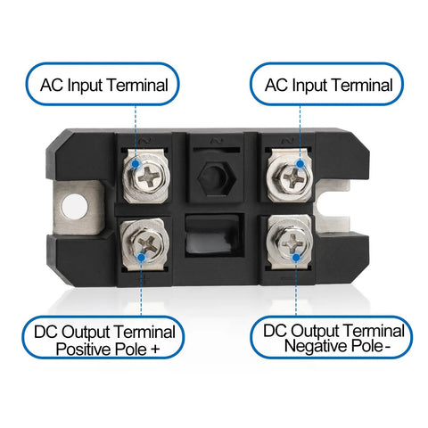 MDQ-100A Single Phase Bridge Rectifier Diode Module 1600V 100A showing labeled AC input and DC output terminal blocks