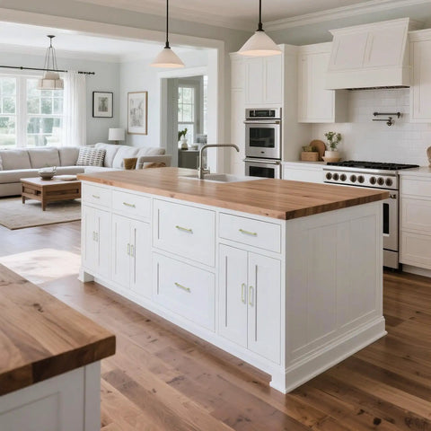 Modern kitchen with white cabinets featuring 10 Pack Top Shelf Brushed Gold Cabinet Pulls With 96 mm Hole Center Heavy Duty Zinc Alloy Drawer Handles For Kitchen Cabinets Dressers And Wardrobes Sleek Hardware Choice.