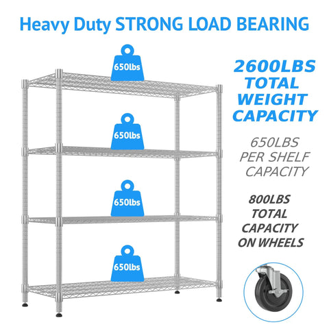 Heavy Duty Metal Shelving 4 Tier Storage Rack With Smooth Rolling Casters For Garage Or Kitchen Adjustable Chrome Wire Rack Total Storage Flex For Serious Home Organization Setup 24 By 48 By 72 Inches showing load capacity details.