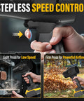 Cordless Leaf Blower With 20V Max Battery Compatibility showing stepless speed control for low and powerful airflow