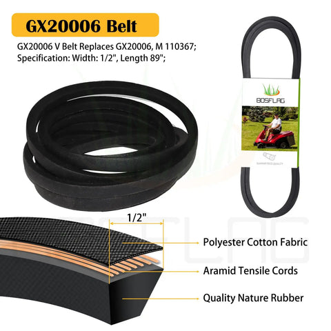 GX20006 V Belt, 1/2" width, 89" length, made of quality rubber, compatible with John Deere Lawn Tractor GX20286 GX20287 GX20006.