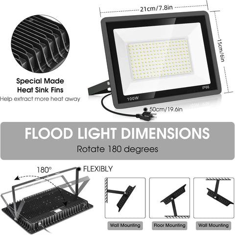 Top Shelf 4 Pack 100W LED Flood Lights with heat sink fins, 180-degree rotation, dimensions for outdoor use.