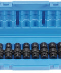 Three-Eighths Inch Drive Universal Metric Socket Set, 10 Pieces In Molded Storage Case, showing labeled sockets from 10-19mm.