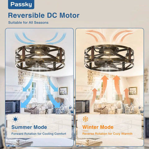 Diagram showing reversible DC motor functionality of a 20 Inch Farmhouse Flush Mount Ceiling Fan With Lights And Remote in summer and winter modes