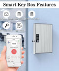 Wall-mounted smart lockbox with smartphone app, showing features of 72 Key Lockbox With Smart Lock And Combo Lock, Wall Mount Key Organizer Lockbox, OTP App And Fixed Code Unlock, No WiFi Needed Offline ERP Key Management For School Hotel Office.