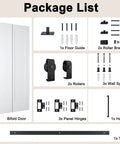 Package list for 36 By 84 Inch Bifold Barn Door Single Panel Primed White including hardware and installation parts.