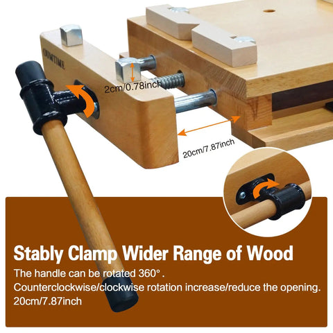 Portable Workbench With Sturdy Beech Vise Includes Wood Clamp Four Bench Dogs And Two Clips Extendable Sides For Solid Garage Studio Setup Ideal Woodworking Table Vice Tools For No Fuss Quick And Easy Projects showing close-up of vise dimensions and handle rotation.
