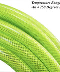 Close-up of green reinforced Polyurethane 3/8 Inch ID Air Hose, 100 Ft, 300 PSI, showing texture and temperature range limits.