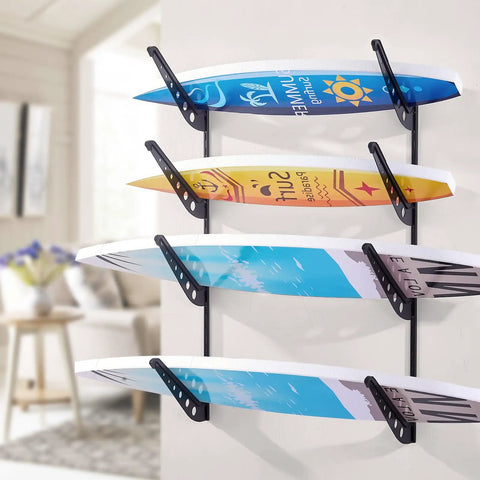 Badass 4 Tier Horizontal Surfboard Wall Mount Rack Adjustable Height Metal Organizer showcasing colorful surfboards mounted on wall.