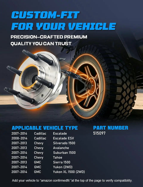Front Wheel Bearing Hub Assembly Rwd Swap For Cadillac Escalade Escalade Esv Chevrolet Silverado 1500 close-up view with vehicle tire.