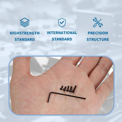 Hand holding black hex socket screws and an L-shaped wrench from the 750 Piece M2 Metric Screw Assortment Kit Featuring Hex Socket Head Cap Bolts And Matching Nuts Crafted From Tough As Nails 12.9 Grade Carbon Steel With Included Washers For Weekend Warrior.