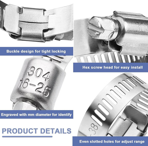 Hose Clamp Assortment 180 Pcs Stainless Steel Worm Gear Clamps Kit showing close-up of buckle design, hex screw, and diameter marking for easy install.