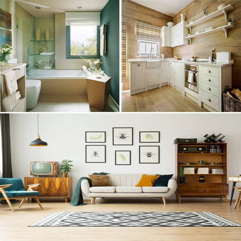 Rolling Storage Cart With Sweet Smooth Rollers And Three Layer Utility Shelf Rack For Cluttered Closets And Take It Anyway You Want And Mobile Organizer For Bathroom Kitchen Bedroom Laundry placed in organized room settings.