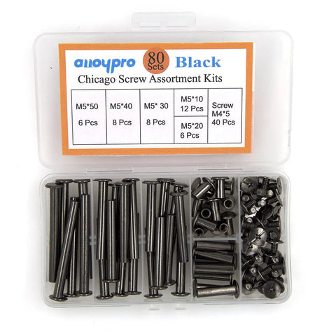 Hardcore No Nonsense Black Chicago Binding Screws M5 Assortment Kit With 80 Pieces in clear box showing various lengths and quantities.