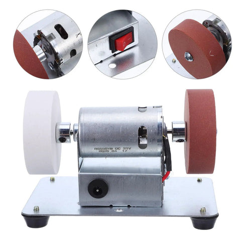 Tough Desktop Belt Sander And Badass Knife Sharpener Featuring Adjustable Grinding Angles Easy Plug-In Design Compact Motorized Finishing Machine showing close-up of motor and grinding wheels.