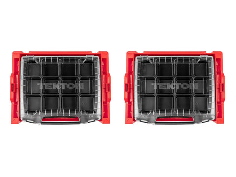 Top view of two red and black toolboxes with small parts trays from Six-Drawer Rolling Stack With Tool Box And L-BOXX 2 Trays.
