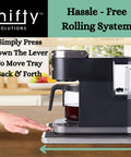 Heavy Duty Appliance Rolling Tray Serves As Slick Kitchen Counter Organizer With Easy Glide Wheels And Non Slip Base Keeps Coffee Makers Blenders Mixers Safe On Countertops Silver Real Deal Fix next to a coffee maker, displaying rolling mechanism.
