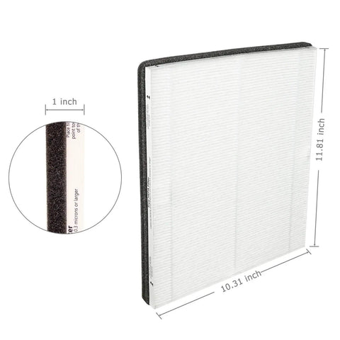 Side view of MD1-0022 Replacement Filter Two Pack H13 Grade for Vornado Air Purifier with close-up dimensions