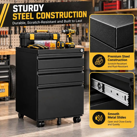 Rock Solid Heavy Duty Metal Rolling Tool Cabinet With Lockable Drawers And Non Slip Rolling Wheels for garage tool organization with steel construction.