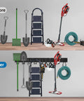 Before and after comparison of the 96 Inch Heavy Duty Wall Mounted Tool Organizer With Assorted Hooks And Slot Boards For Garage Storage Rack.