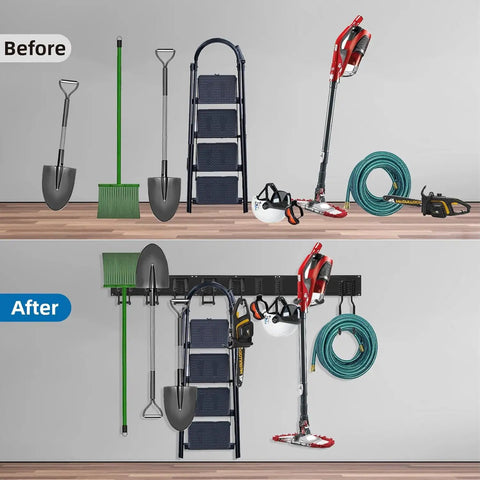 Before and after comparison of the 96 Inch Heavy Duty Wall Mounted Tool Organizer With Assorted Hooks And Slot Boards For Garage Storage Rack.