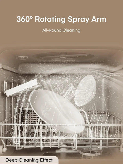 360° rotating spray arm in the Easy Setup Countertop Dishwasher With Smart Delay Timer And Zero Plumbing Hookups Required.