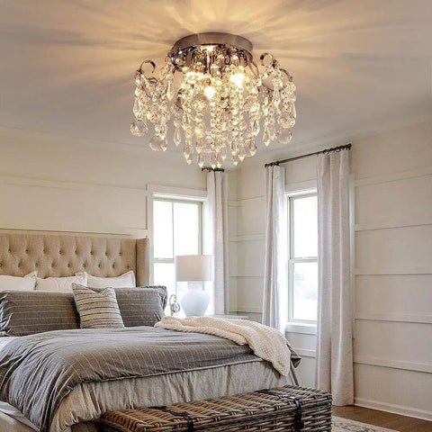 Small Crystal Chandelier Flush Mount Ceiling Light Three Light Modern Sleek Chrome Iron Raindrop Fixture for Bedroom