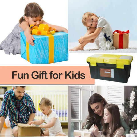 Kids opening gifts, yellow tool box included, showcasing fun gift for kids. Displays joy and family bonding moments.