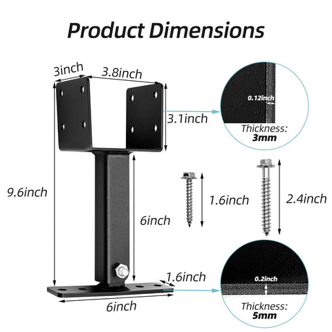 Product dimensions of Pro Heavy Haul Adjustable Saddle Pergola Roof Riser Kit for 4x4 wood beams, showcasing black carbon steel structure.